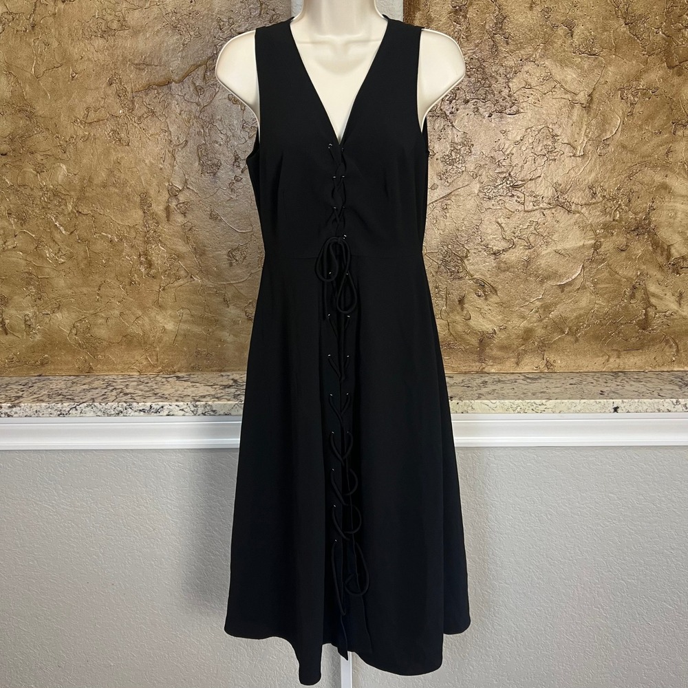 Storia Lace Up Dress Women Medium Black Sleeveless Midi‎ V-Neck LBD Fit Flare